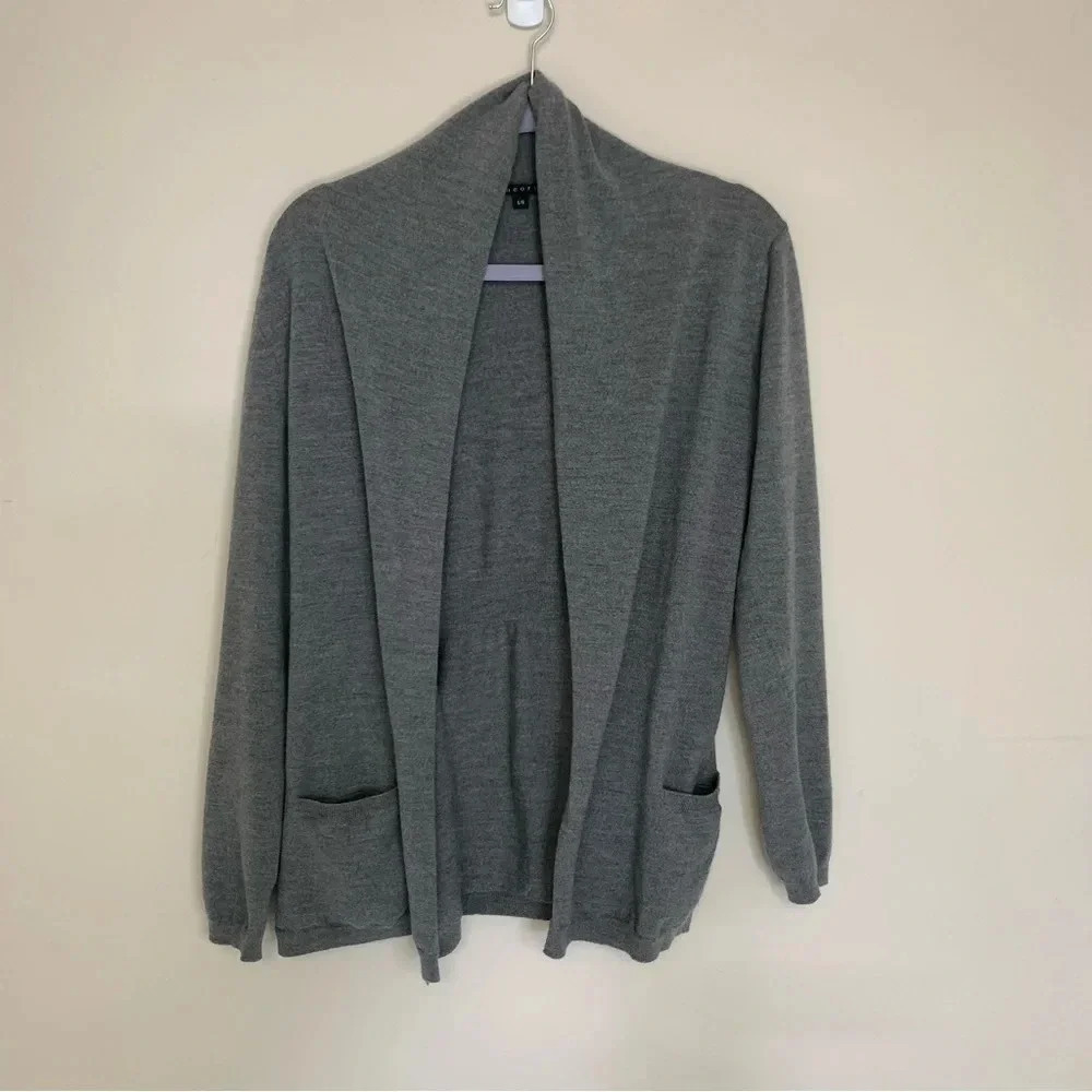 Theory Grey Merino Wool Open Front Cardigan L